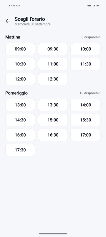 Orari disponibili in una giornata nell'app